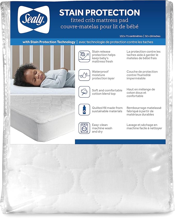 Sealy Baby Stain Protection Waterproof Crib Mattress Protector Cover, Fitted Toddler Bed Pad, Protective Sheet for Boys and Girls Bedding, Noiseless & Machine Washable/Dryer Friendly 52x28 - White