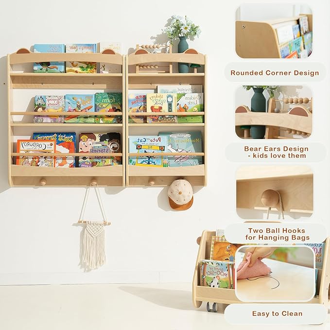 Wall Bookshelf - 3-Tier Floating Wooden Shelves for Kids Room, Nursery, Baby Room, Playroom, Living Room - Birch Hanging Montessori Bookshelf (Narrow)