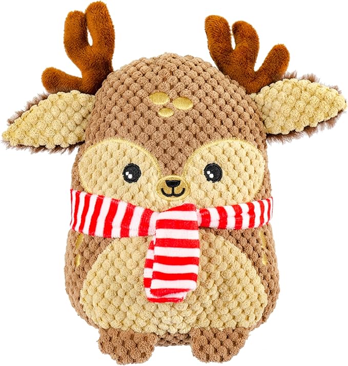 Giftable World Holiday Plush Pet Toy Fun for Christmas Designs with Squeaker Dog Chew Toy (7" Tubby Reindeer w/Scarf & Squeaker)