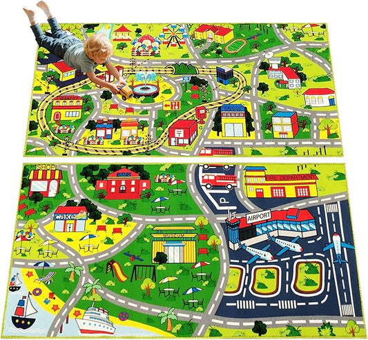 Pack 2 Car Rug Play Mat - Car Train Rugs Playroom Mat, Road Rug Kids Rugs for Bedroom with City Map Design Kid Room Decor, 59x31.49 lnches