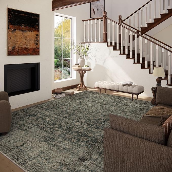 Washable Living Room Area Rug: 6x9 Area Rugs for Bedroom Vintage Stain Resistant Non Slip Low Pile Lightweight Boho Carpet for Kitchen Dining Room Farmhouse Kids Room Nursery