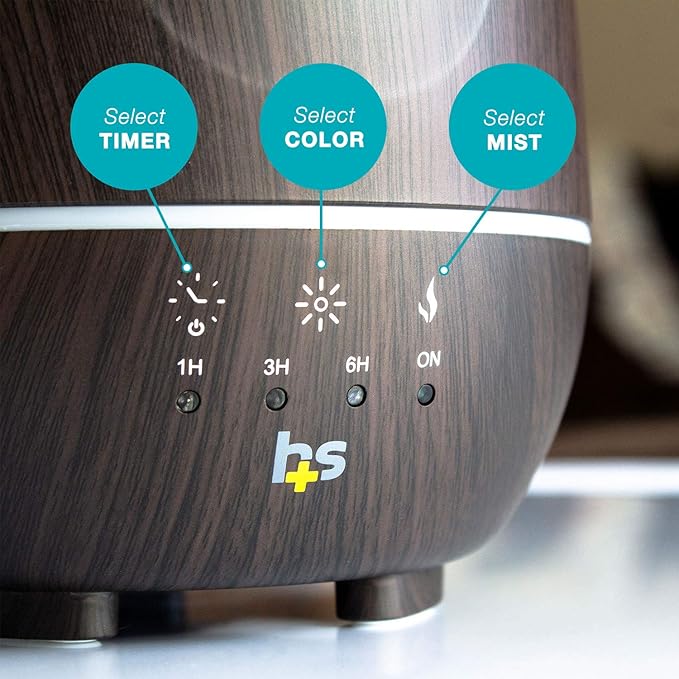 HealthSmart Essential Oil Diffuser, Cool Mist Humidifier and Aromatherapy Diffuser with 500ML Tank Ideal for Large Rooms, Adjustable Timer, Mist Mode and 7 LED Light Colors, Brown (Pack of 2)