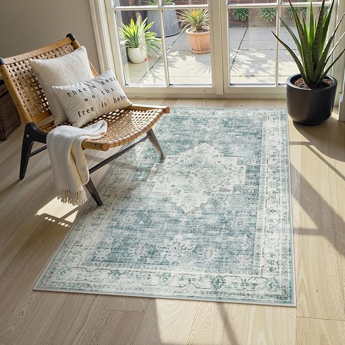 LIVEBOX Entryway Rug 3x5 Washable Area Rugs for Kitchen Bathroom, Non-Slip Front Door Mat for Bedroom, Boho Low-Pile Carpet Farmhouse Throw Indoor Mats for Bath Laundry Room, Blue