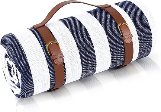 Striped Picnic Blankets 80” x 80” Extra Large Waterproof and Foldable Beach Blanket, Oversized Blue and White Outdoor Blanket for Camping, Travel, Park, Grass, Patio (Blue & White, 80" x 80")