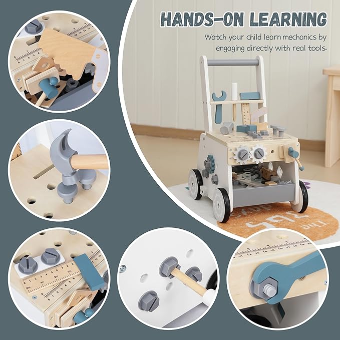 Wooden Baby Push Walker for Toddlers - Multifunctional Montessori Tool Bench Baby Walking Toy with Educational Activities, Ideal for Boys and Girls Aged 3 Years