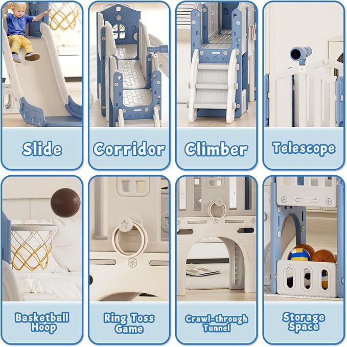 XJD 9 in 1 Toddler Slide Set, Kids Slide for Toddlers Age 1+, Toddler Climber Slide PlaySet with Basketball Hoop and Ball,Outdoor Indoor Playground for Toddlers 1-3 (Blue)