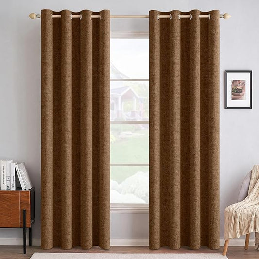 MIULEE Linen Curtains 100% Blackout for Bedroom Thermal Insulated Brown Grommet Room Darkening Curtains & Drapes Fall Decor for Living Room Nursery 52 x 72 Inch (2 Panels)