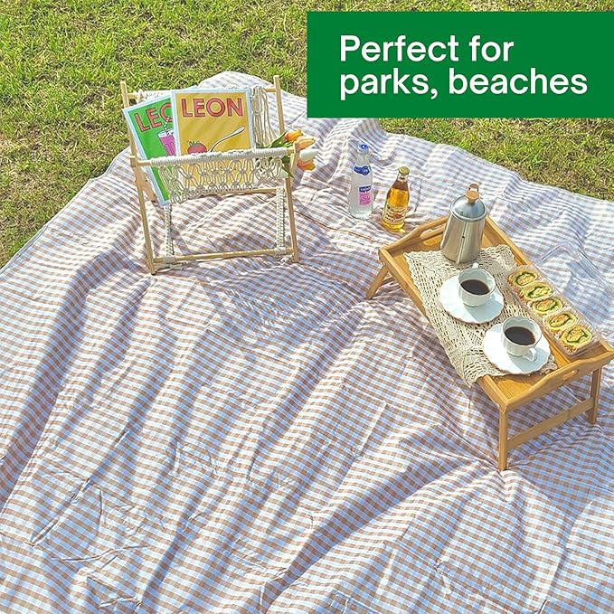 ESLA Cute Gingham Picnic Blanket, Waterproof Foldable, in Large 80x60in and Extra Large 80x80in, Portable Compact Beach Blanket, Oversized XL Outdoor Mat, Tan Gingham