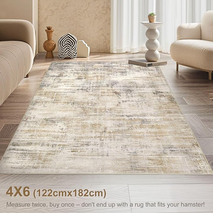 Area Rug for Living Room: 4x6 Washable Neutral Abstract Modern Soft Rugs Non Slip Indoor Floor Stain Resistant Carpet for Bedroom Dining Room Office Nursery - Golden Brown