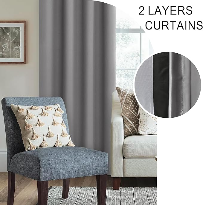 XWZO 100% Blackout Curtains - Extra Long Rod Pocket Thermal Insulated Black Liner Curtains, Noise Reducing and Heat Blocking Drapes for Bedroom with Tiebacks, Grey, W52 x L108, Set of 2