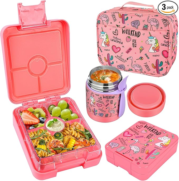 Bento Lunch Box Set With 10oz Soup Thermo, Leak-proof Lunch Containers with 4 Compartment, Kids Hot Thermo Food Jar/Insulation Lunch Bag, Food Containers for School（Flamingo）