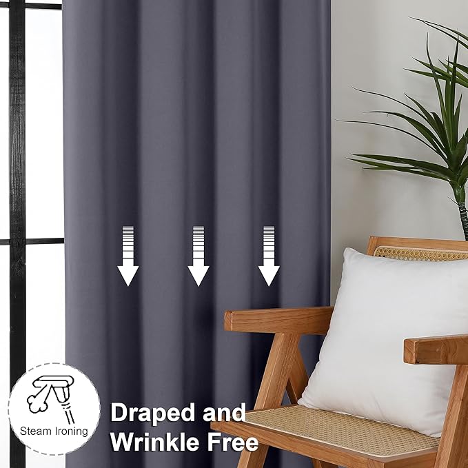 Simplebrand Ava Grey Blackout Curtains for Bedroom 63 Inch Length 2 Panels Set, Solid Thermal Insulated Energy Saving Rod Pocket Window Treatment Curtains Blackout Drapes, W40 x L63 Inch, Grey
