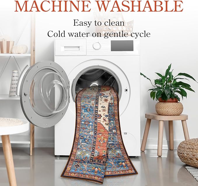 Lahome Boho 3x5 Washable Area Rugs, Small Non-Slip Bedroom Carpet Throw Low-Pile Rugs for Entryway Kitchen, Oriental Distressed Carpet for Bathroom Office Laundry Living Room, Rust