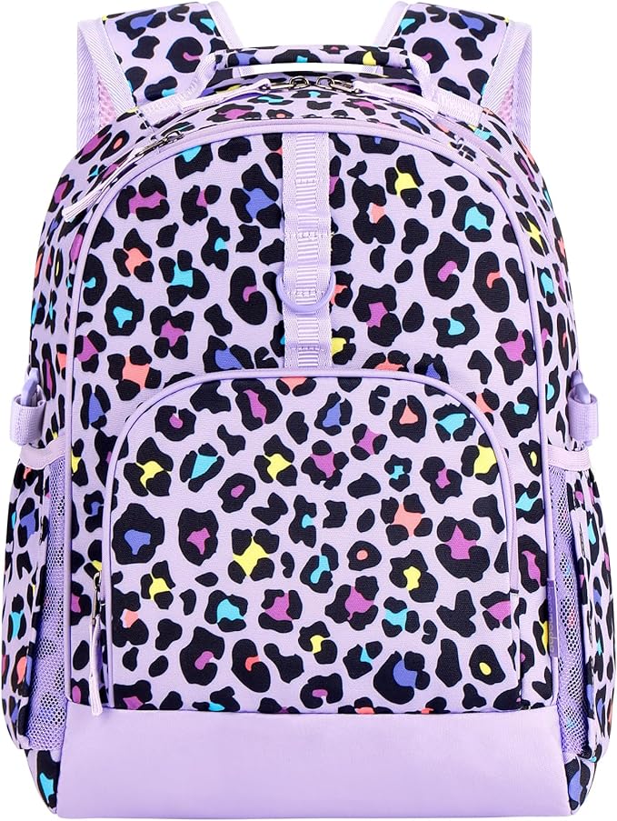 Choco Mocha Cheetah Backpack for Girls, Elementary School Backpack for Girls Ages 6-8 Kids Kindergarten Backpack Bookbag 17 Inch with Chest Strap, Purple