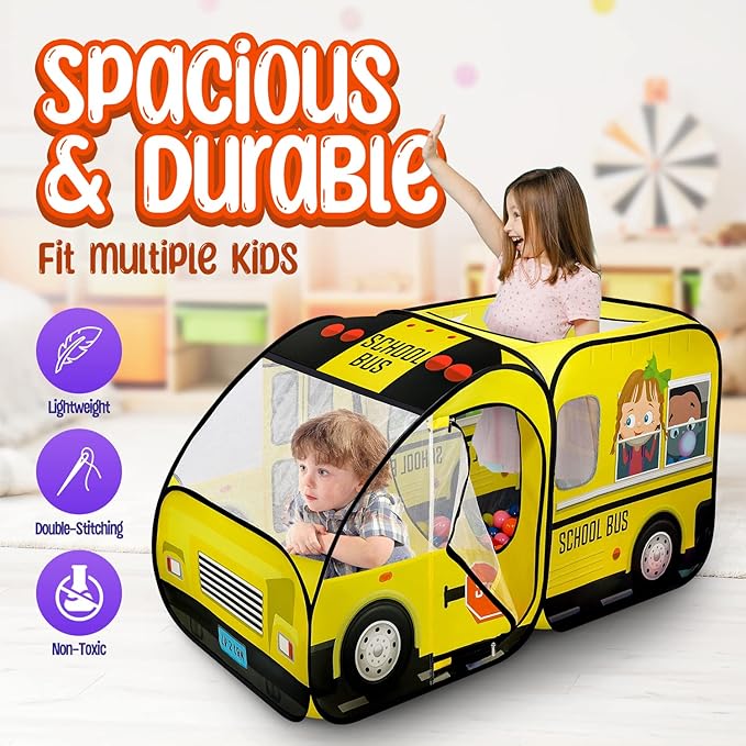 Kiddzery School Bus Pop Up Kids Play Tent - Tents with Sound Play Button for Toddler & Up - Girls and Boys Magic Wheels Bus for Indoor & Outdoor - Pretend Toy Playhouse - Playhouses for Toddlers