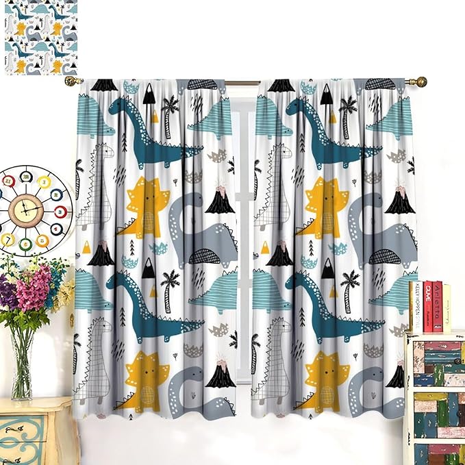 Kids Dinosaur Curtains for Boy Girl Bedroom Decor Cartoon Dino Colorful Cute Funny Wildlife Animal Printed Blackout Rod Pocket Window Drapes for Baby Nursery Playroom Living Room W31.5xL63in 2 Panels