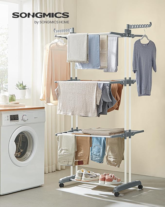 SONGMICS Clothes Drying Rack Stand 4-Tier, Foldable Laundry Drying Rack 68.1-Inch Tall, Steel, Rolling Clothes Horses Dryer Rack, Easy to Assemble, Indoor Outdoor Use, White ULLR701W01