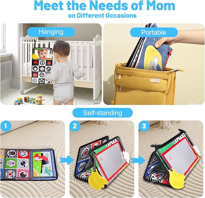 Baby Mirror Toys for Tummy Time, Newborn Infant 0 3 4 6 12 Months Old Boy, Girl Gift. Brain Developmental Montessori Sensory High Contrast Crinkle Book w Safe Mirror for Floor, Crib, Car, Bouncer