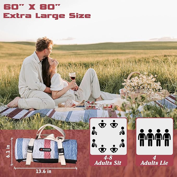 Waterproof Picnic Mat, Outdoor Camping Oversized Field Blanket. Portable Thickened Camping Blanket, Suitable for Beach, Camping, Music Festival, Party, Outdoor Adventure. (Red&Blue&White, 80”x60”)
