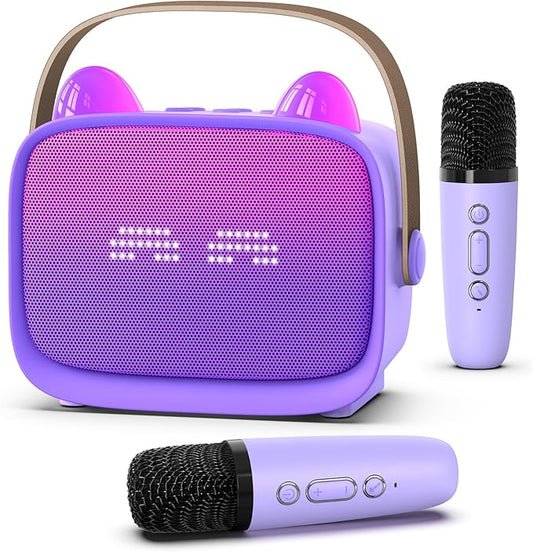 Mgaolo Upgraded Mini Karaoke Machine Toy for Kids, Portable Bluetooth Speaker with 2 Wireless Mics, Emoji & Colorful LED Lights, Home Travel & Party Play Gifts for Boys Girls (Purple)