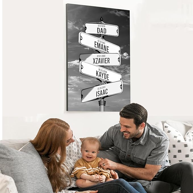 Personalized Father's Day Family Names Street Custom Multi-Name Date of Birth Vintage Street Sign Happy Fathers Day Poster Canvas Wall Art Best Gifts for Dad Husband from Daughter Son Wife Kids #1