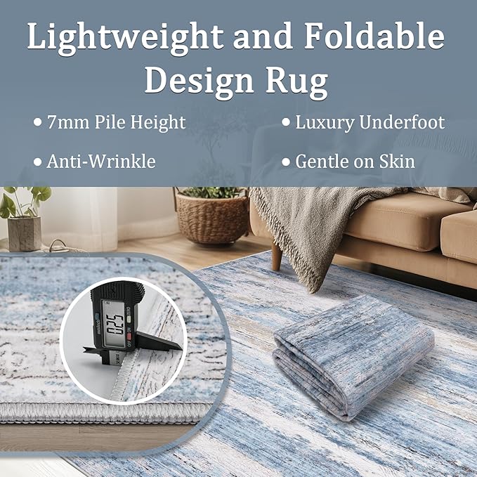 8x10 Area Rug Living Room Rugs - Washable Rug Large Modern Abstract Soft Thin Carpets Indoor Floor No Slip Vintage Carpet for Bedroom Under Dining Table Nursery Home Office Decor Blue