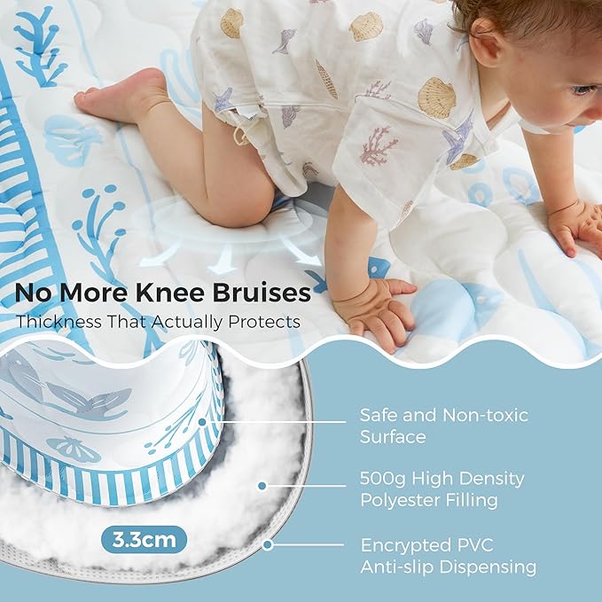 Momcozy Baby Play Mat for Floor, 50x50 Thickened Playpen Mat, Playmate for Baby Tummy Time, Waterproof & Non-Slip, Foldable Outdoor Mat with Carrying Handle, Ocean Theam