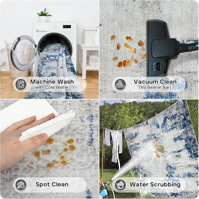 6x9 Area Rugs for Living Room Rug Washable: Modern Rug for Dining Room Bedroom Carpet Non Slip Low Pile 6 by 9 Indoor Abstract Nursery Home Office Blue White