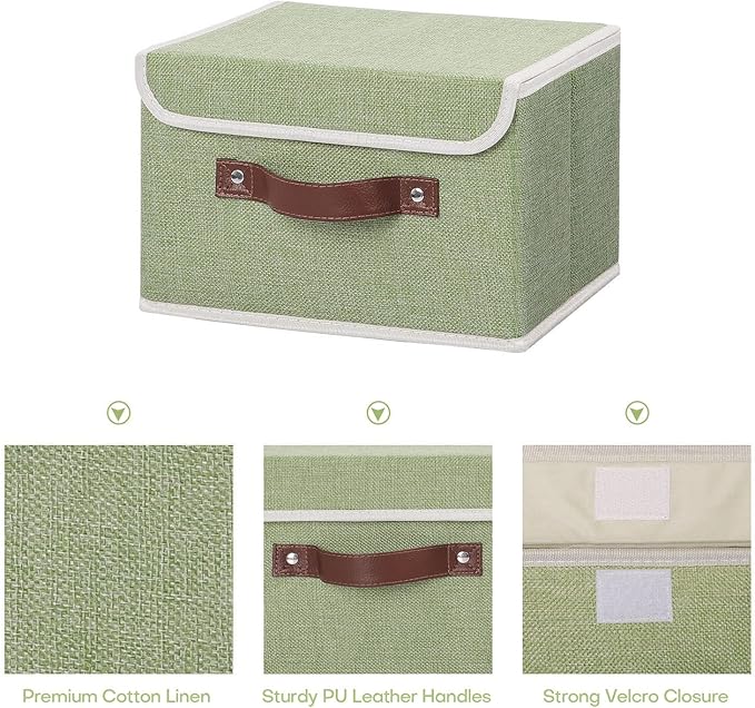 ANMINY Storage Bin with Lid Storage Boxes with PU Leather Handles PP Plastic Board Decorative Foldable Lidded Cotton Linen Fabric Home Cubes Baskets Closet Organizer Container - Green, Small Size