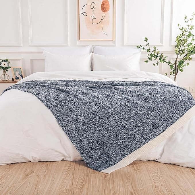 NEXHOME PRO Twin Size Soft Throw Blankets for Couch, Cozy Blankets Reversible Warm Knit Blanket for Women, Fuzzy Plush Lightweight Throws for Sofa, Bed, Picnic, Navy 60 x 80 inches