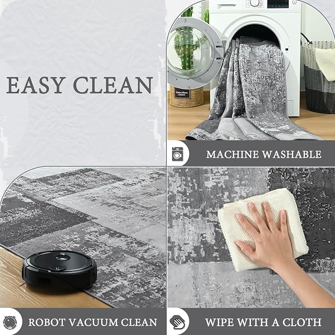 LOCHAS Rug for Living Room, Washable Soft Area Rugs for Bedroom 4x6, Abstract Carpet for Indoor Office Kids Dining Room Nursery Floor, Grey Geometric Vintage Home Decor, Non Slip, Pet Child Friendly