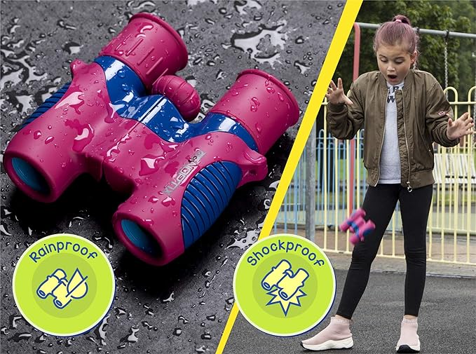 Binoculars for Kids, Girls or Boys Real Kids Binoculars in Vibrant Pink Blue - includes Sticker Book with 40 Bird Species - Kids Toys Small Binoculars, Toddler Binoculars