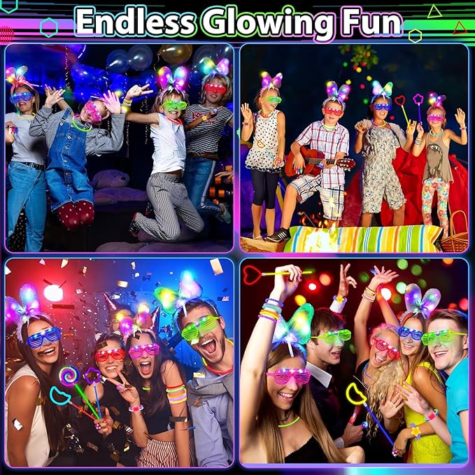 112PCS Glow in the Dark Party Supplies for Kids Adults, Light Up Party Favors with Light Up Glasses, 50 Glow Sticks Bulk Pack for DIY Bracelets Necklaces, Neon Party Supplie Decorations for Hallowee