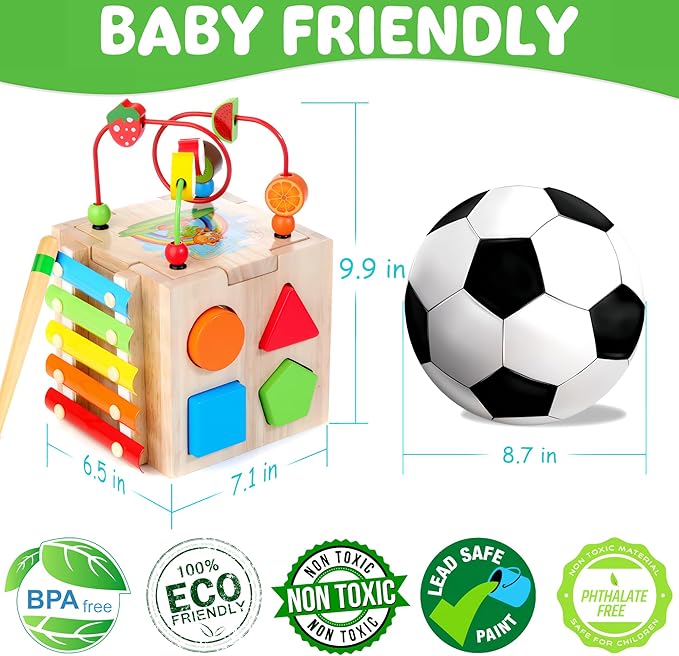 Batlofty Wooden Activity Cube, 8-in-1 Montessori Toys for 1 2 Year Old Girl Boy Toddler| Sensory Educational Learning Toys 12-18 Months | 1st Birthday Gifts, Bead Maze | Bonus Sorting & Stacking Board