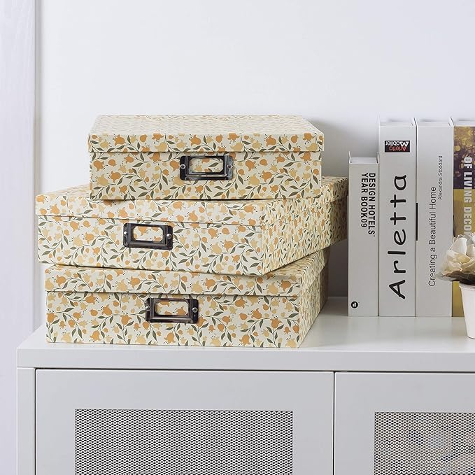 Soul & Lane Decorative Cardboard Storage Boxes With Lids, Set of 3 Nesting Floral Photo Storage for Home Décor and Scrapbook Paper, Memory Boxes For Keepsakes, Documents, Organizing