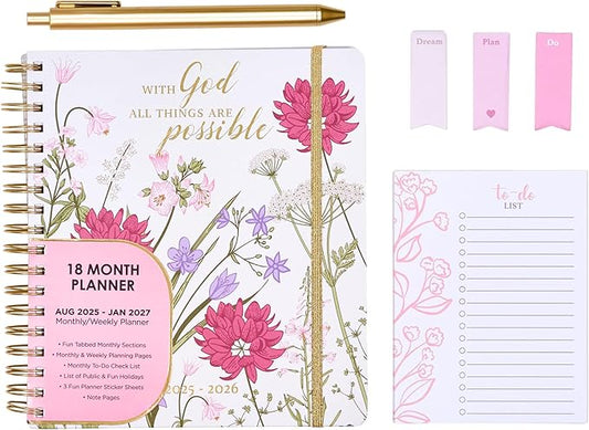 Votum August 2025 to January 2027 Large Back to School Academic Planner- Daily, Weekly & Monthly Organizer with Pens, Stickers, Sticky Notes, and a Sturdy Cover - With God All Things Possible