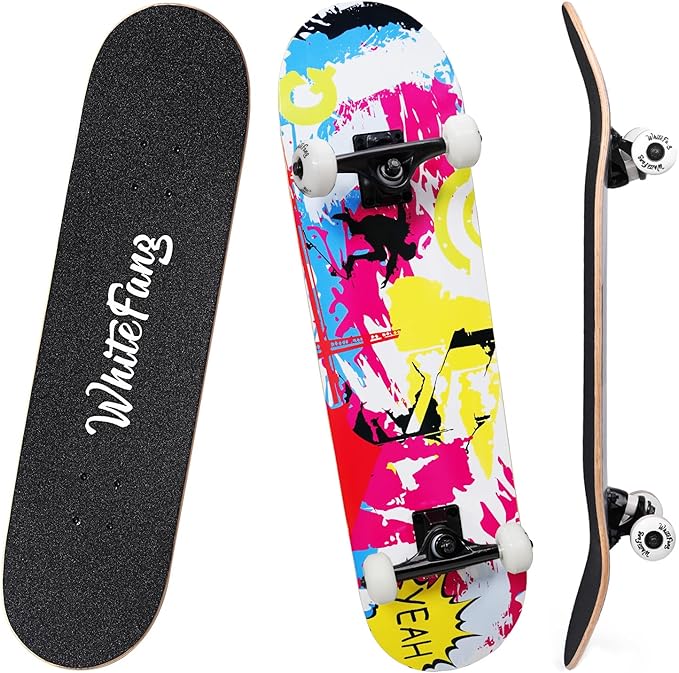 WhiteFang Skateboards for Beginners, Complete Skateboard 31 x 7.88, 7 Layer Canadian Maple Double Kick Concave Standard and Tricks Skateboards for Kids and Beginners