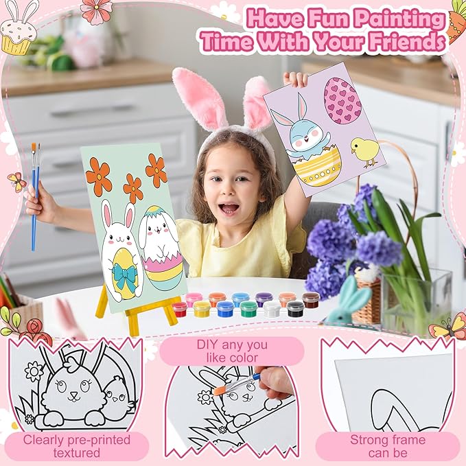 Blosssound 10 Set Pre Printed Canvas Pre Drawn Canvas Painting with Easel Kits 5" x 7" Outline Painting Panels for Beginners, DIY Craft Project, Party Favor, Home Decors(Bunny)