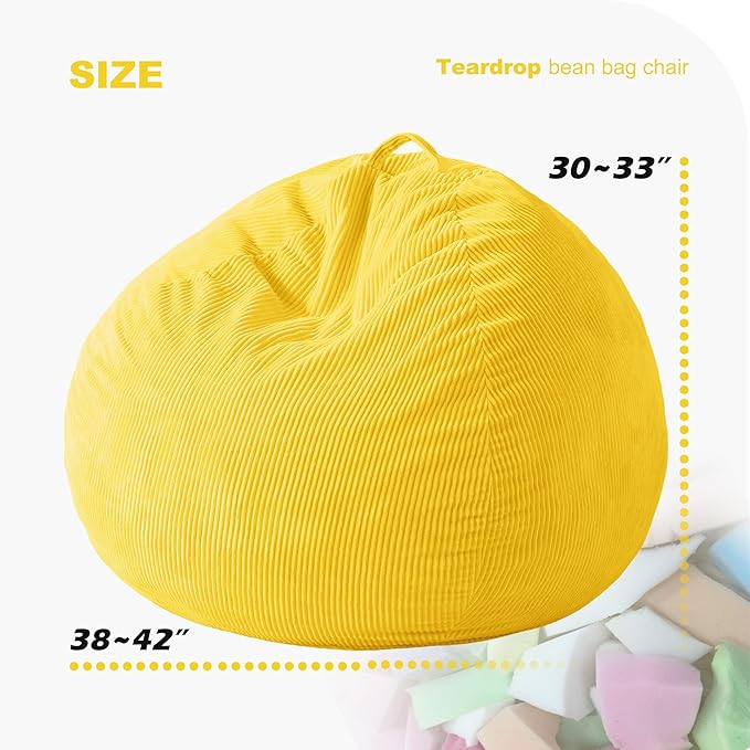 Homguava 3.5FT Bean Bag Chair: Teardrop Bean Bags with Memory Foam Filled, Compact Beanbag Chairs Soft Sofa with Corduroy Cover (Yellow)