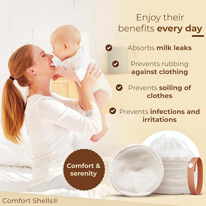 Comfort Shells® Reusable Nursing Pads – 14 Pack Ultra Soft Breast Pads + Laundry Bag + Nursing Clip Bracelet – Washable, Hypoallergenic – Absorbs Breast Milk Leaks
