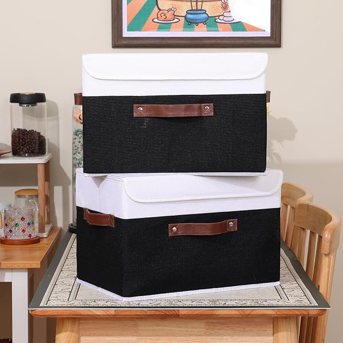 ANMINY 4PCS Storage Boxes with Lid Washable Decorative Storage Bins Basket with PU Leather Handle Foldable Linen Fabric Storage Cubes Containers for Home Closet Organizer - Black White, Large Size