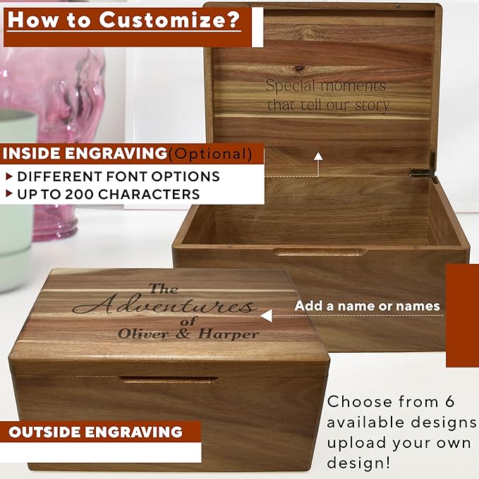 Our Adventure Travel Memory Box - Personalized Travel Couple Gift, Acacia Wood Chest Trunk for Couples Adventure Keepsakes, Honey Moon Trip Keepsake Box for Tickets, Valentine's Gifts, 11,5x8,5x5,5 in