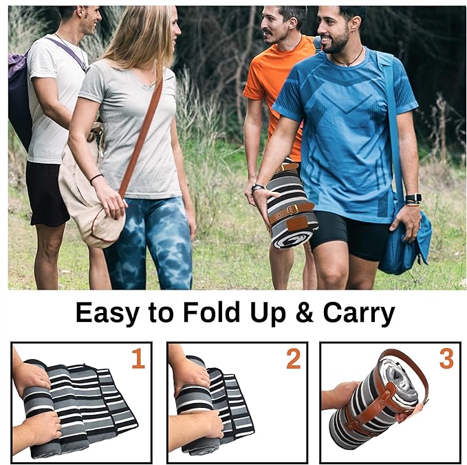 PortableAnd Extra Large Picnic & Outdoor Blanket 3 Layers for Water-Resistant Handy Mat Tote Spring Summer Black and White Striped Great for The Beach,Camping on Grass Waterproof Sandproof