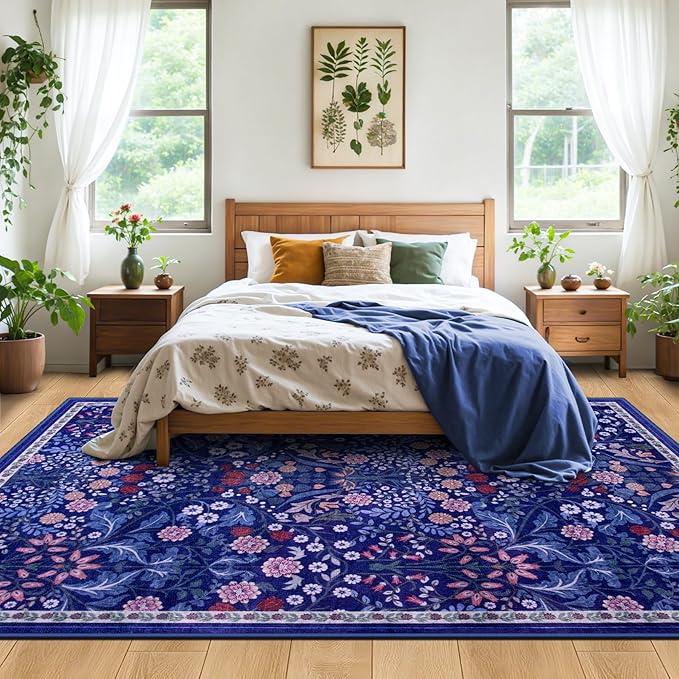 Area Rugs 9x12 Living Room: Floral Washable Rug Vintage Large Soft Boho Non-Slip Carpet Indoor Floor Stain Resistant Low Pile Carpets for Bedroom Dining Room Farmhouse Nursery Home Office Blue