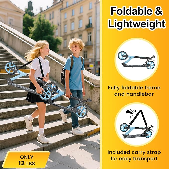 Kick Scooter for Kids Teens & Adults, 4 Adjustable Heights, 8IN All Terrain Big Wheels, Dual Brakes & Dual Suspension, Foldable and Lightweight, Gifts for Girls Boys