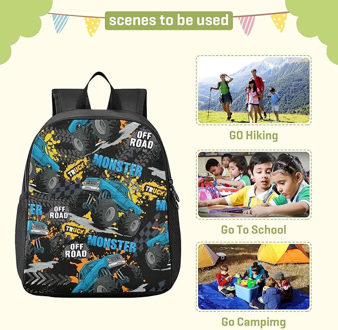 Monster Truck Toddler Backpack Waterproof Mini Backpack Boys/Girls Cute Small Kindergarten Pre School Bag