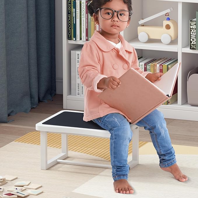 Wooden Step Stool with 500 Pounds, Wide Bed Step Stool for Adults，Wood White Step Stool&Stable Solid Metal Frame for Kitchen, Bedroom, Living Room, Bathroom