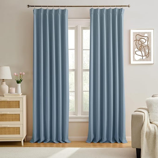 KEQIAOSUOCAI 92 Inch Boys Pleated Curtains,Pinch Pletaed with Hooks,Thermal Insulated Room Darkening Home Decor Curtain Planels for Bedroom Living Room (Dusty Slate Blue, 2 Panels, 40 Each Wide)