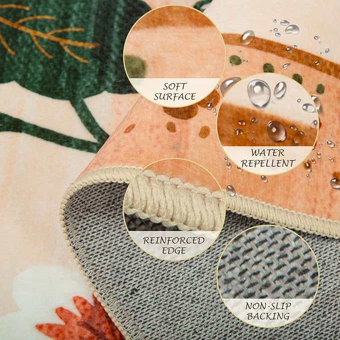 Floral 5x7 Area Rug Machine Washable Soft Print Boho Carpet Non Slip Doormat Low Pile Flower Area Rugs for Living Room Bedroom Nursery Kitchen Dining Room Indoor-Light Orange