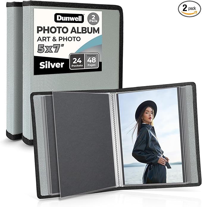Dunwell Small Photo Album 5x7 (2-Pack), Mounting Paper, 5 x 7 Art Portfolio Binder, 24 Sleeves Display 48 Pages, Acid-Free Poly Professional Picture Book for 5x7 Artwork, Postcards